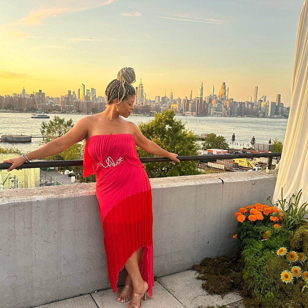 Red Strapless Pleated Dress size XL wedding long Flowy dresses off the shoulder